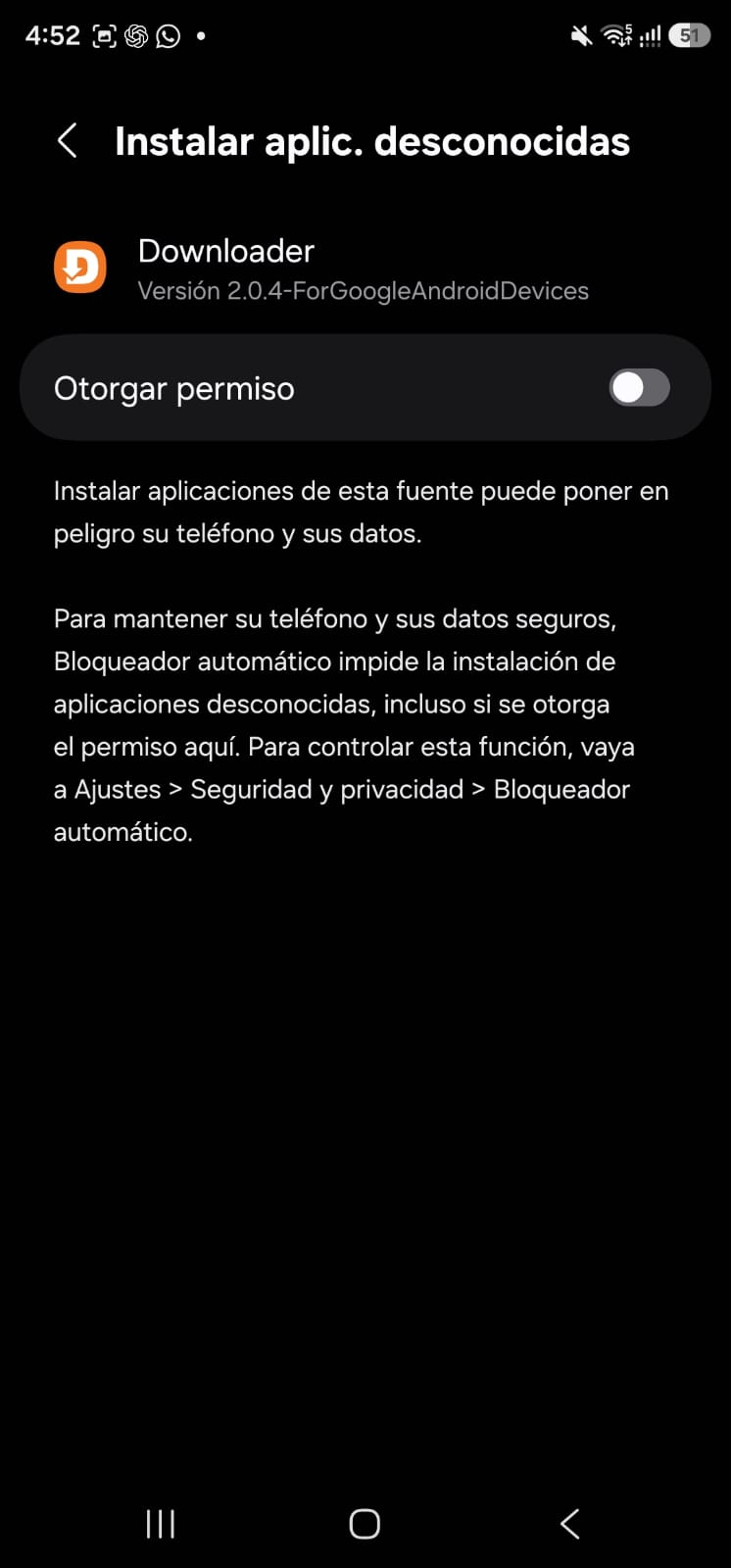 Ajuste de Android para otorgar permiso de instalación a Downloader