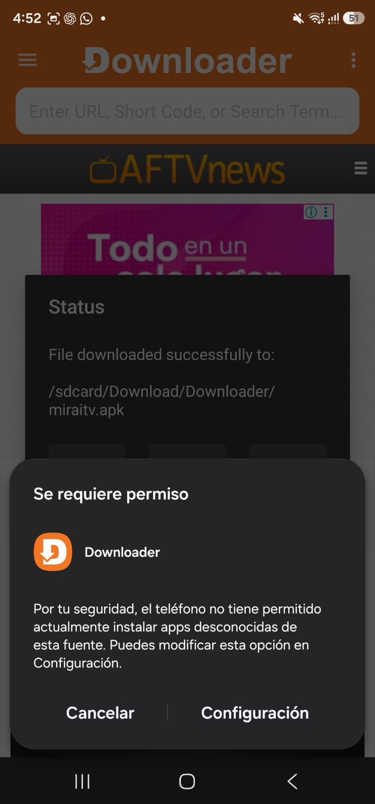 Aviso de Android que solicita permiso para instalar desde Downloader