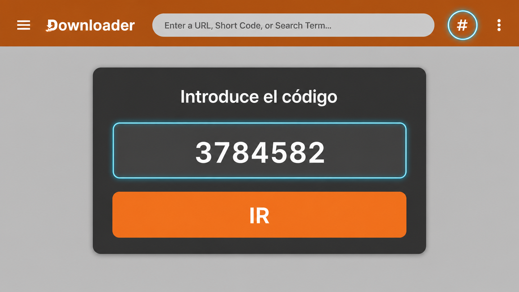 Ventana de Downloader con el código 3784582 listo para continuar