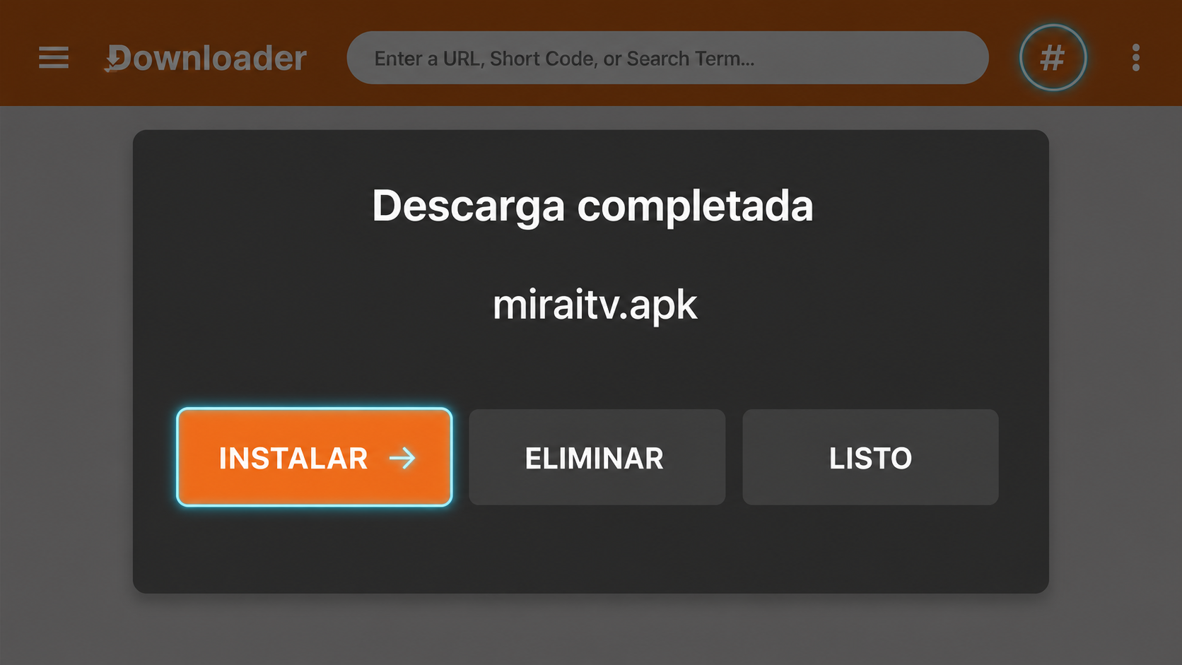 Ventana de Downloader con el botón Instalar resaltado