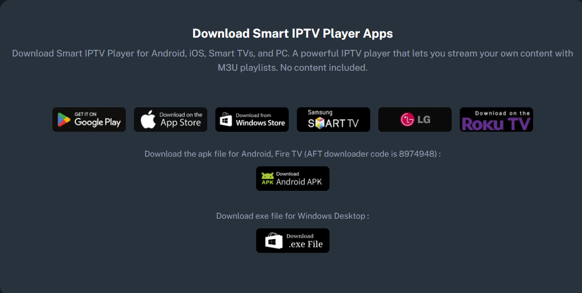 Opciones oficiales de descarga de Smart IPTV Player, incluida Roku TV