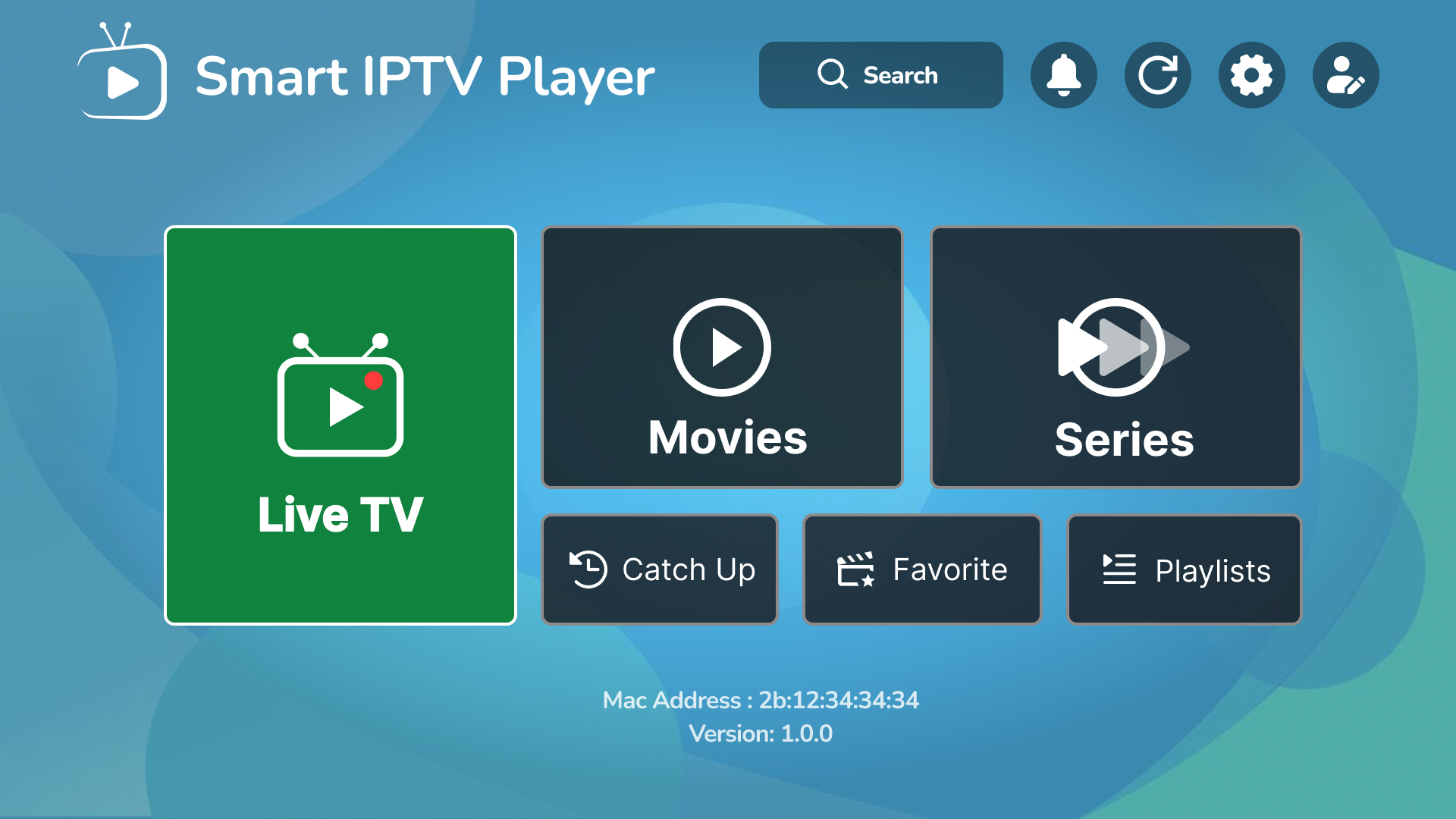 Pantalla principal de Smart IPTV Player con la dirección MAC visible en la parte inferior