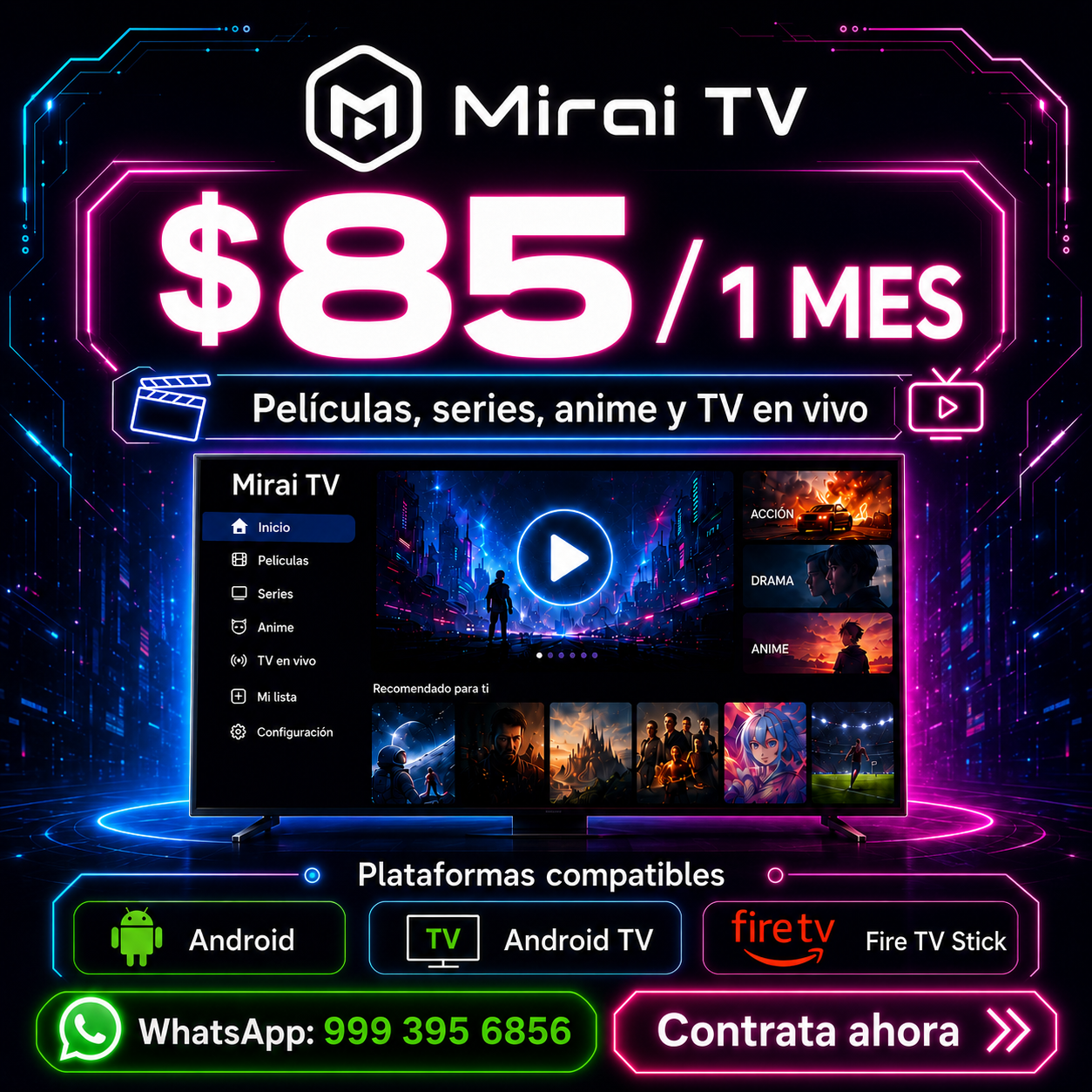 Interfaz de Mirai TV con películas, series, anime y televisión en vivo